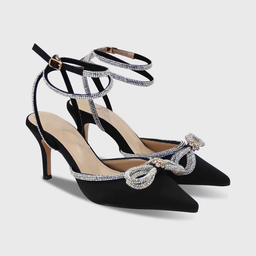 Women's Crystal Double Bow Detail Low Heel Stiletto Pointed Toe Black Pumps